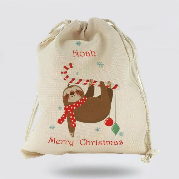 Personalised Christmas Sack, Canvas Sack With Festive Text And CAndy Cane Sloth, Xmas Santa Sacks, Christmas Bag Gift