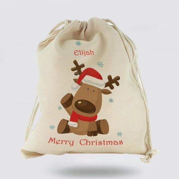 Personalised Christmas Sack, Canvas Sack With Festive Text And Santa Hat Waving Reindeer, Xmas Santa Sacks, Christmas Bag Gift