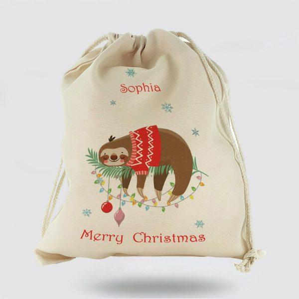 Personalised Christmas Sack, Canvas Sack With Festive Text And Sleeping Christmas Sloth, Xmas Santa Sacks, Christmas Bag Gift