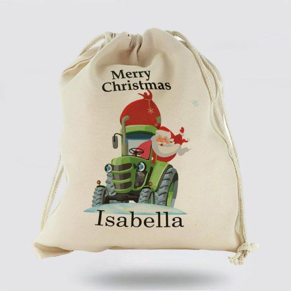 Personalised Christmas Sack, Canvas Sack With Merry Christmas Name And Santa Green Tractor, Xmas Santa Sacks, Christmas Bag Gift