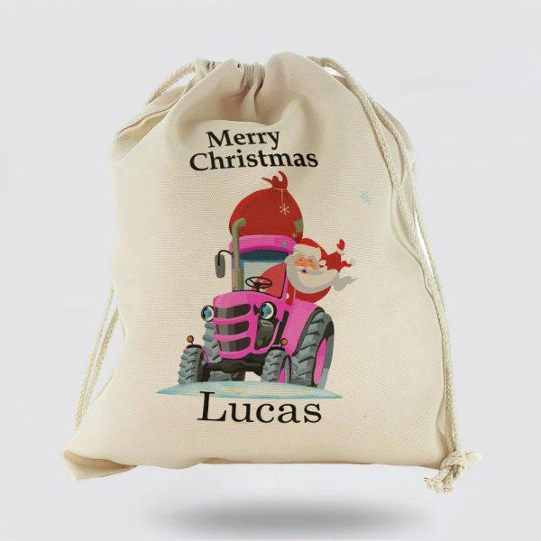 Personalised Christmas Sack, Canvas Sack With Merry Christmas Name And Santa Pink Tractor, Xmas Santa Sacks, Christmas Bag Gift