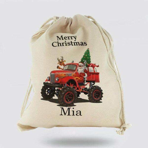 Personalised Christmas Sack, Canvas Sack With Merry Christmas Name And Santa Red Monster Truck, Xmas Santa Sacks, Christmas Bag Gift