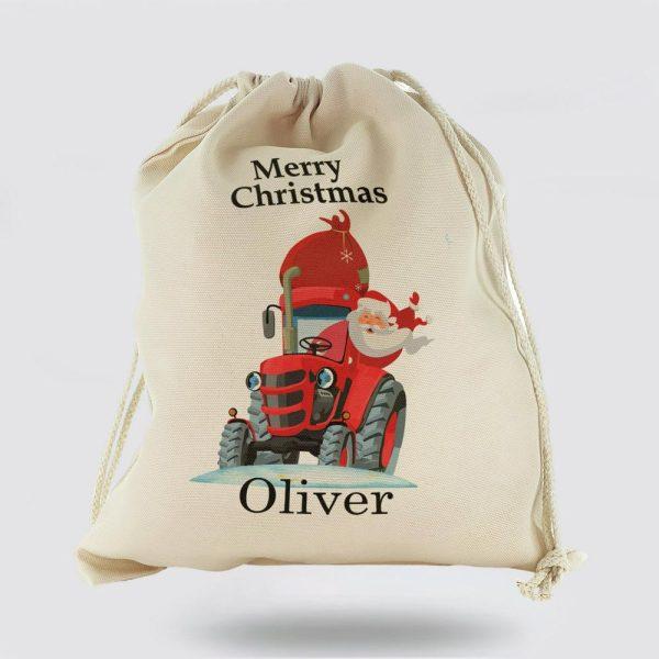 Personalised Christmas Sack, Canvas Sack With Merry Christmas Name And Santa Red Tractor, Xmas Santa Sacks, Christmas Bag Gift