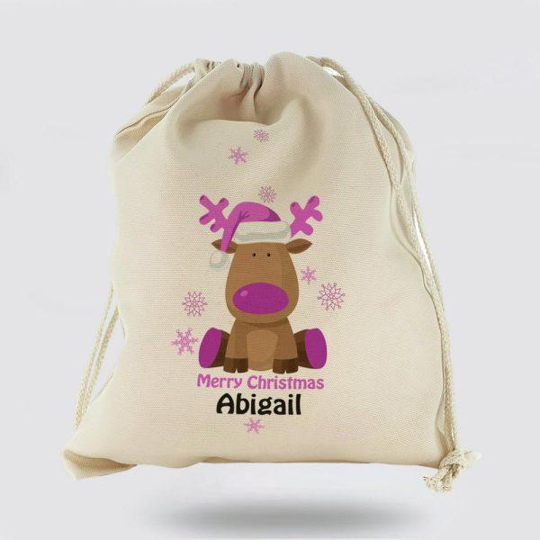 Personalised Christmas Sack, Canvas Sack With Merry Christmas Text And Purple Santa Hat Reindeer, Xmas Santa Sacks, Christmas Bag Gift