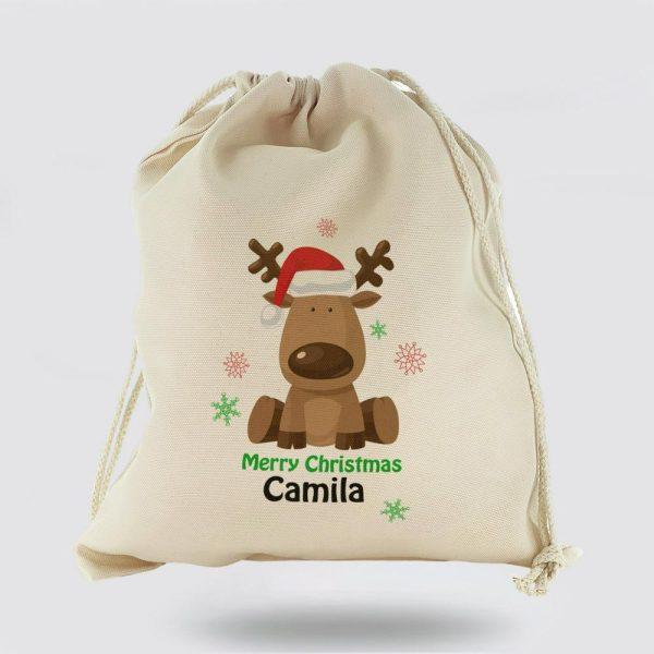 Personalised Christmas Sack, Canvas Sack With Merry Christmas Text And Santa Hat Reindeer, Xmas Santa Sacks, Christmas Bag Gift