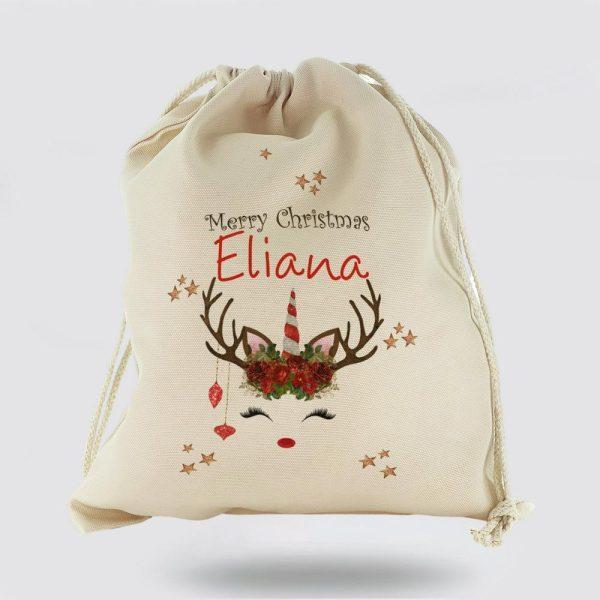 Personalised Christmas Sack, Canvas Sack With Red Text And Red White Spiral Rose Reindeer Unicorn, Xmas Santa Sacks, Christmas Bag Gift