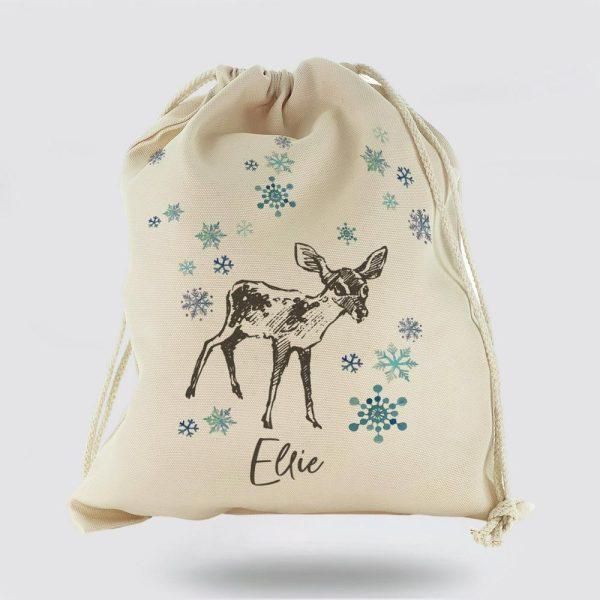 Personalised Christmas Sack, Canvas Sack With Stylish Text And Deer Snowflakes Sketch, Xmas Santa Sacks, Christmas Bag Gift