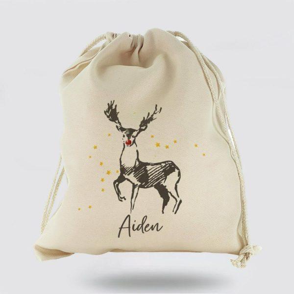 Personalised Christmas Sack, Canvas Sack With Stylish Text And Red Nose Reindeer Star Sketch, Xmas Santa Sacks, Christmas Bag Gift