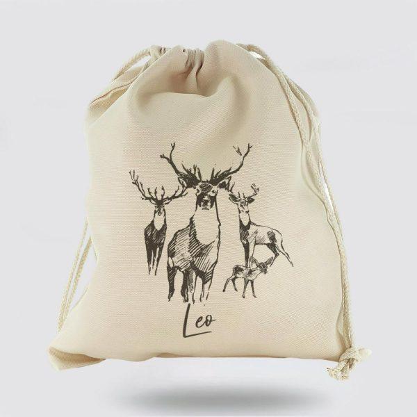 Personalised Christmas Sack, Canvas Sack With Stylish Text And Stag Deer Sketch, Xmas Santa Sacks, Christmas Bag Gift