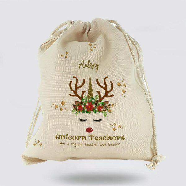 Personalised Christmas Sack, Canvas Sack With Teachers Name And Decorated Reindeer Unicorn, Xmas Santa Sacks, Christmas Bag Gift