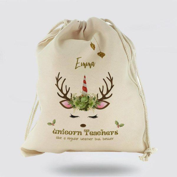 Personalised Christmas Sack, Canvas Sack With Teachers Name And Green Reindeer Unicorn, Xmas Santa Sacks, Christmas Bag Gift