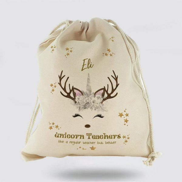 Personalised Christmas Sack, Canvas Sack With Teachers Name And White Reindeer Unicorn, Xmas Santa Sacks, Christmas Bag Gift