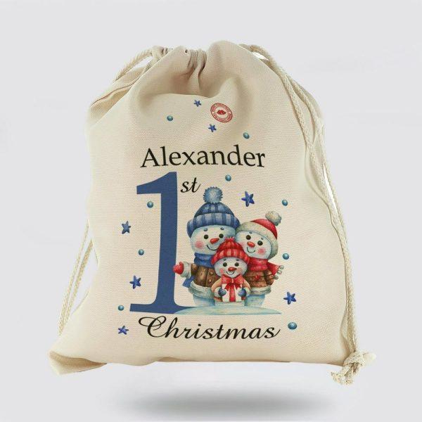 Personalised Christmas Sack, Canvas Sack With Winter Text And Baby Boy Blue First Christmas, Xmas Santa Sacks, Christmas Bag Gift