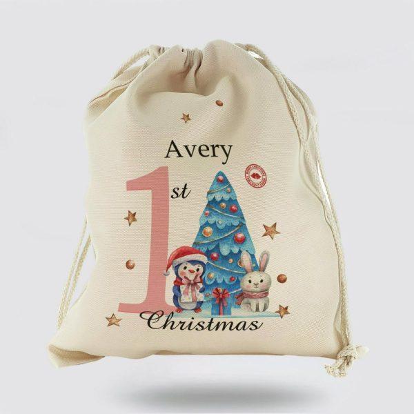 Personalised Christmas Sack, Canvas Sack With Winter Text And Baby Girl Pink First Christmas, Xmas Santa Sacks, Christmas Bag Gift