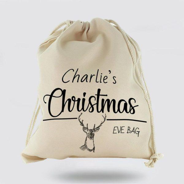 Personalised Christmas Sack, Christmas Gift Sack Black Reindeer Christmas Eve, Xmas Santa Sacks, Christmas Bag Gift