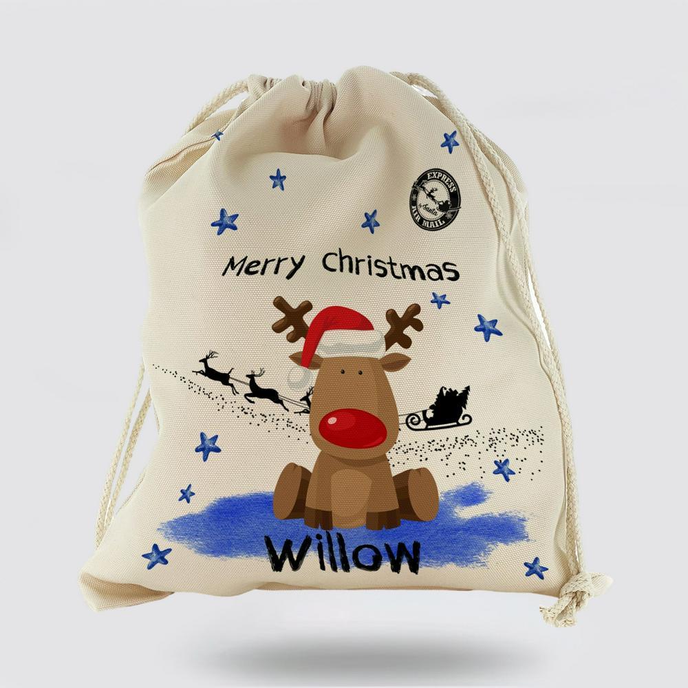Personalised Christmas Sack, Christmas Gift Sack Rudolph the Red Nose Reindeer, Xmas Santa Sacks, Christmas Bag Gift