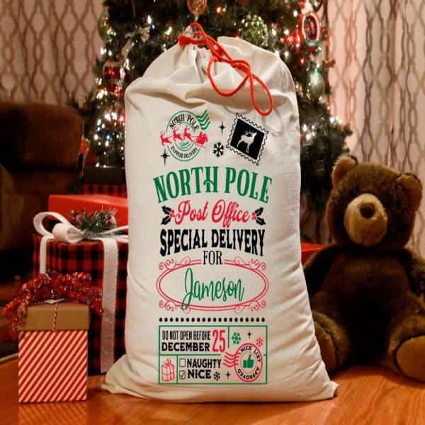 Personalised Christmas Sack, North Pole Post Office Santa Sack, Xmas Santa Sacks, Christmas Bag Gift