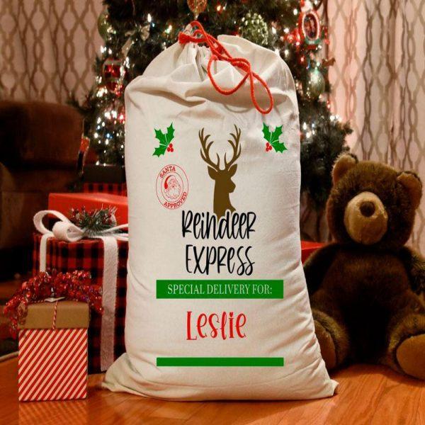 Personalised Christmas Sack, Reindeer Express Santa Sack, Xmas Santa Sacks, Christmas Bag Gift