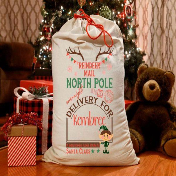 Personalised Christmas Sack, Reindeer Mail with Elf Santa Sack, Xmas Santa Sacks, Christmas Bag Gift