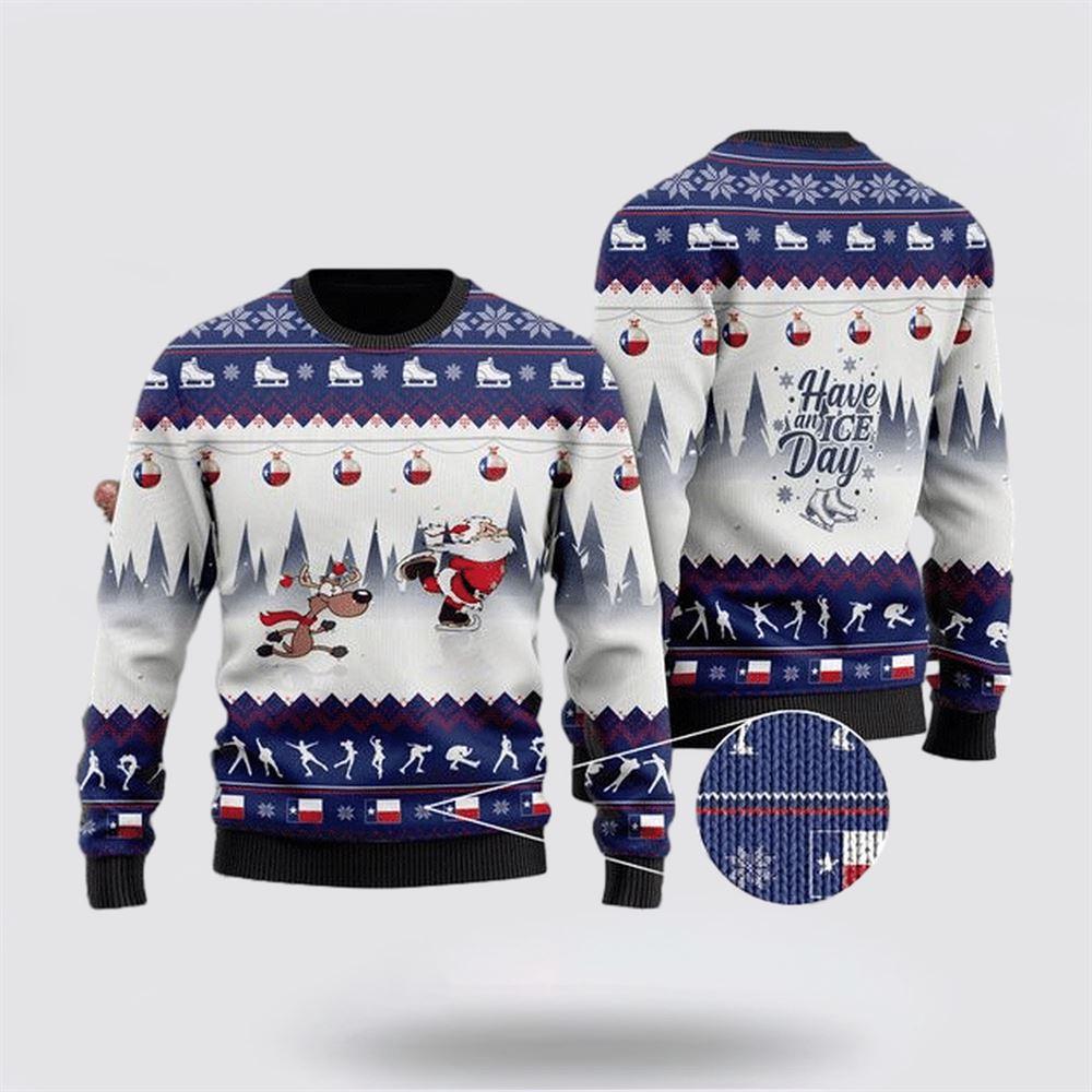 Santa Claus Sweater, Have An Ice Day Santa Claus And Reindeer Speed Skating Ugly Christmas Sweater, Santa Claus Outfit History
