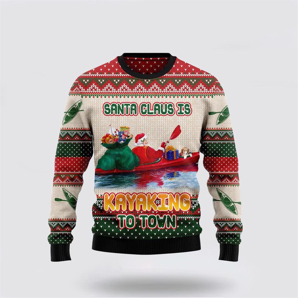 Santa Claus Sweater, Santa Claus Is Kayaking To Town Ugly Christmas Sweater, Santa Claus Outfit History