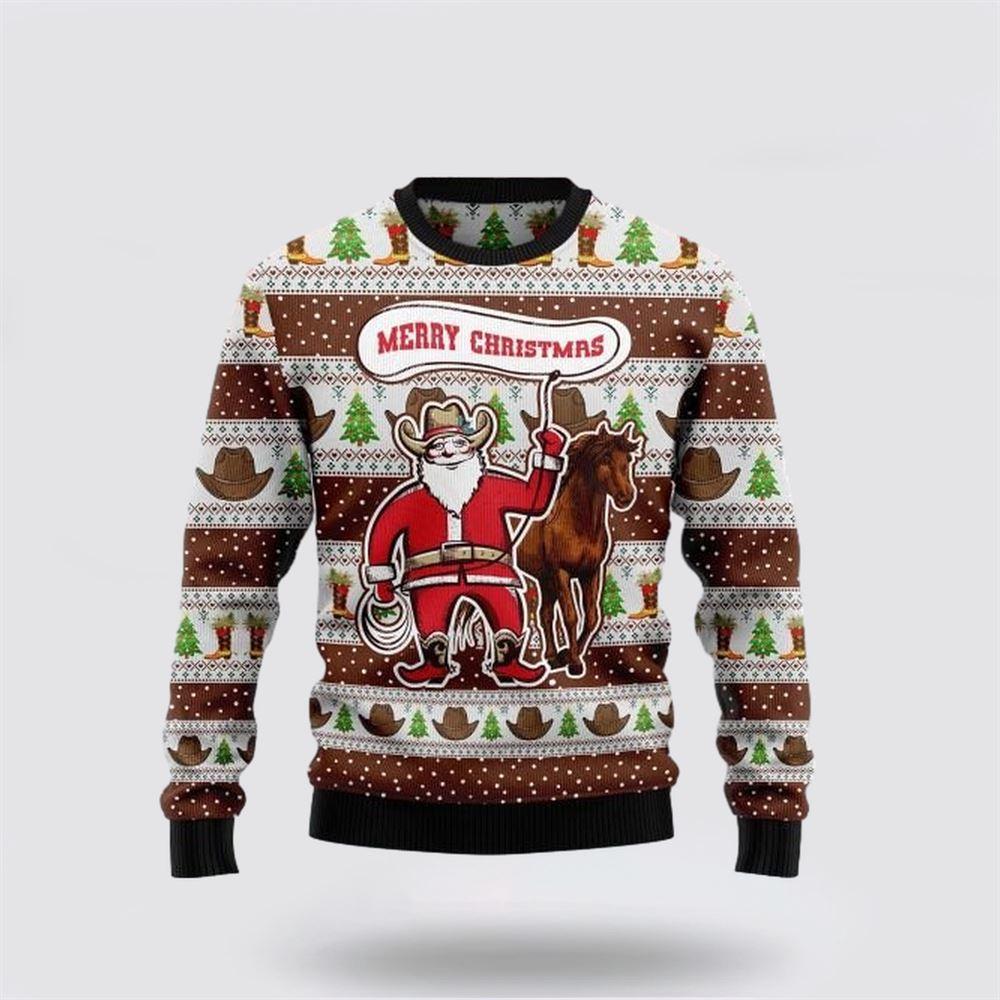Santa Claus Sweater, Ugly Cowboy Santa Claus And Horse Merry Christmas Sweater, Santa Claus Outfit History