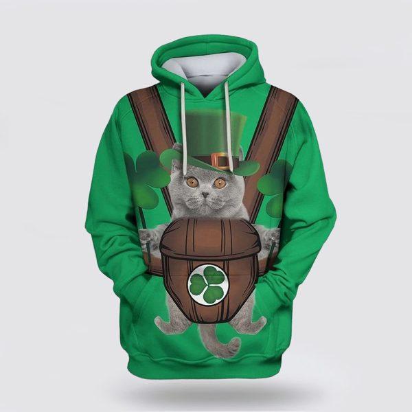 St Patrick’s Day Hoodie, British Shorthair Cat Saint Patricks Day Over Print 3D Hoodie, St Patricks Day Shirts