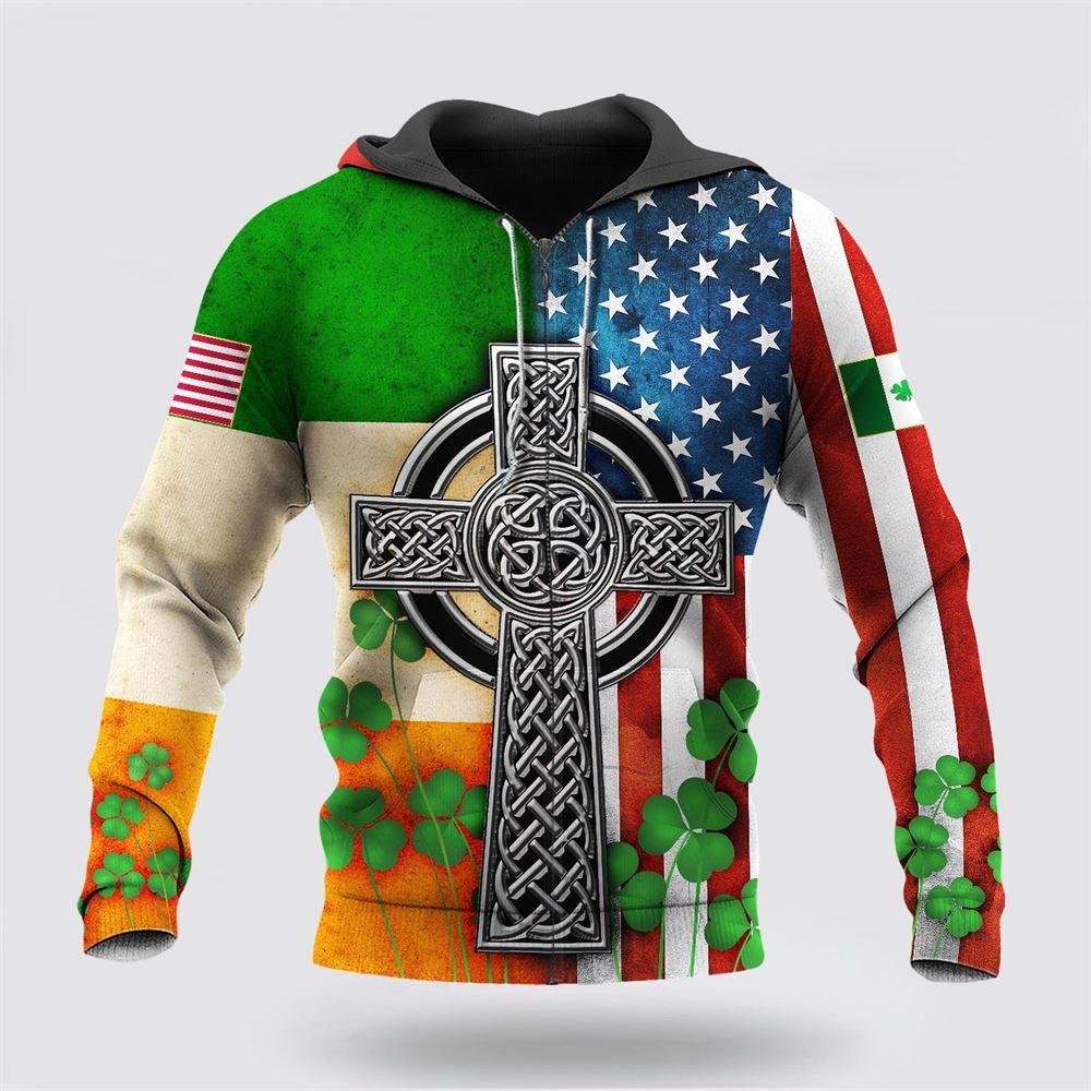 St Patrick’s Day Hoodie, Irish American Flag Celtic Cross Saint Patricks Day Hoodie, St Patricks Day Shirts