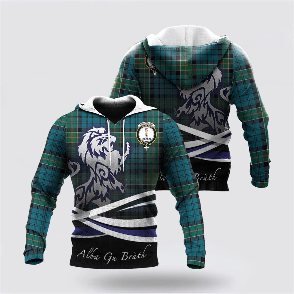 St Patrick’s Day Hoodie, Kirkpatrick Clan Badge Hoodie, Family Coat Of Arms with Scottish Lion Pullover Hoodie Alba Gu Brath, St Patricks Day Shirts
