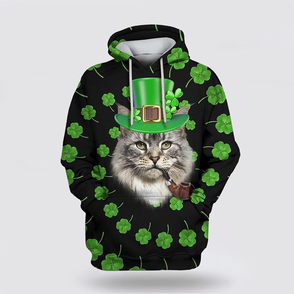 St Patrick’s Day Hoodie, Maine Coon Cat Saint Patricks Day Over Print 3D Hoodie, St Patricks Day Shirts