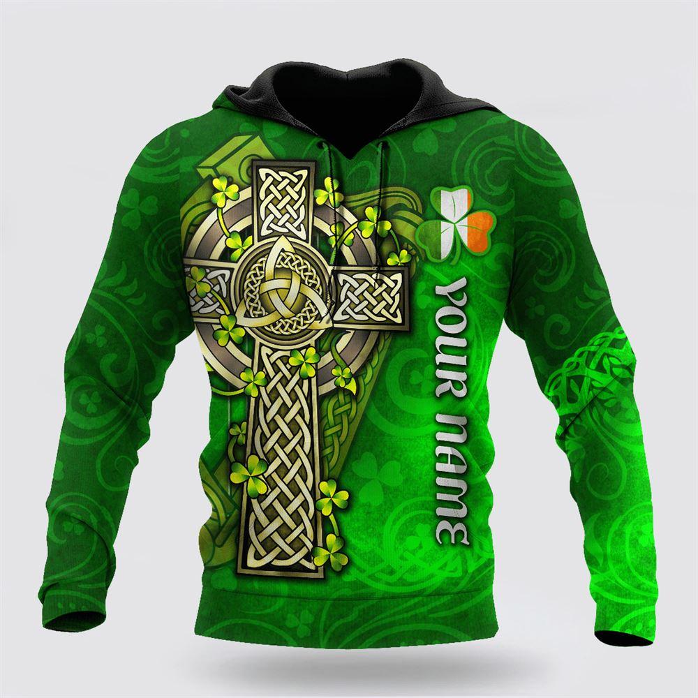 St Patrick’s Day Hoodie, Premium Unisex Hoodie Custom Name Irish St Patricks  Celtic Cross And The Irish Harp, St Patricks Day Shirts