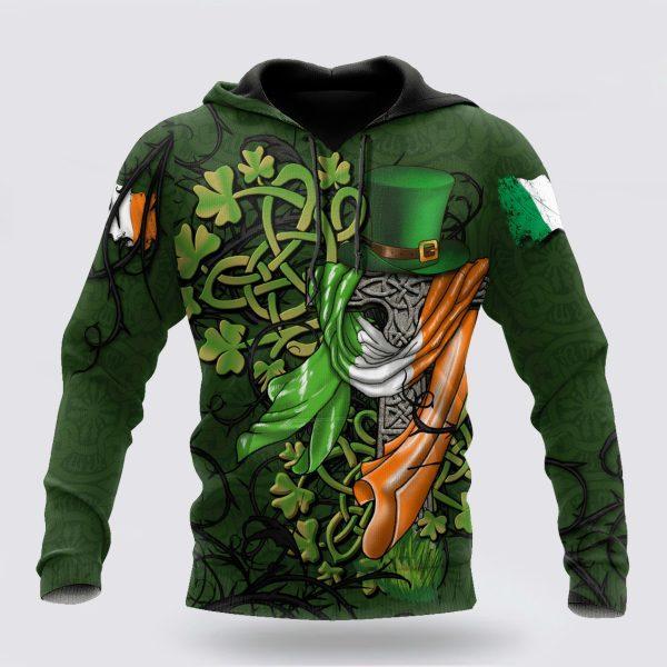 St Patrick’s Day Hoodie, Premium Unisex Hoodie Irish St Patricks Celtic Cross And Ireland Flag, St Patricks Day Shirts