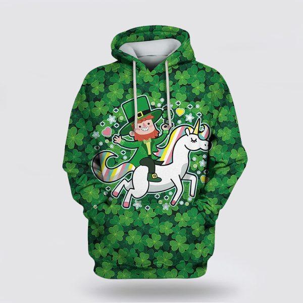St Patrick’s Day Hoodie, Saint Patrick Day Green Man Riding Unicorn Apparel Green Over Print 3D Hoodie, St Patricks Day Shirts