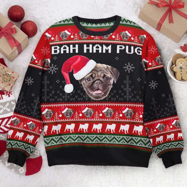 Ugly Christmas Sweater, Bah Ham Pug, Personalized Photo Ugly Sweater, Best Ugly Christmas Sweater