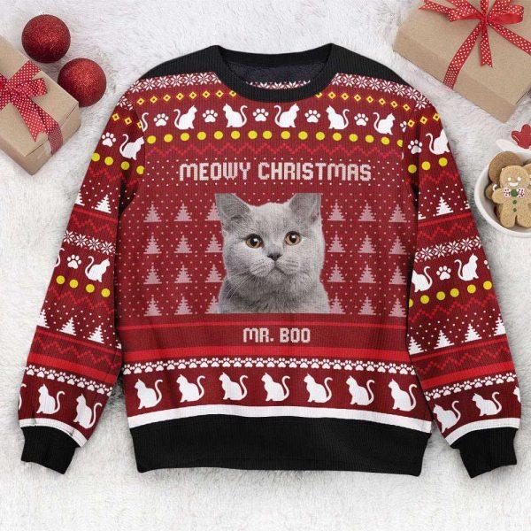 Ugly Christmas Sweater, Meowy Christmas, Personalized Photo Ugly Sweater, Best Ugly Christmas Sweater