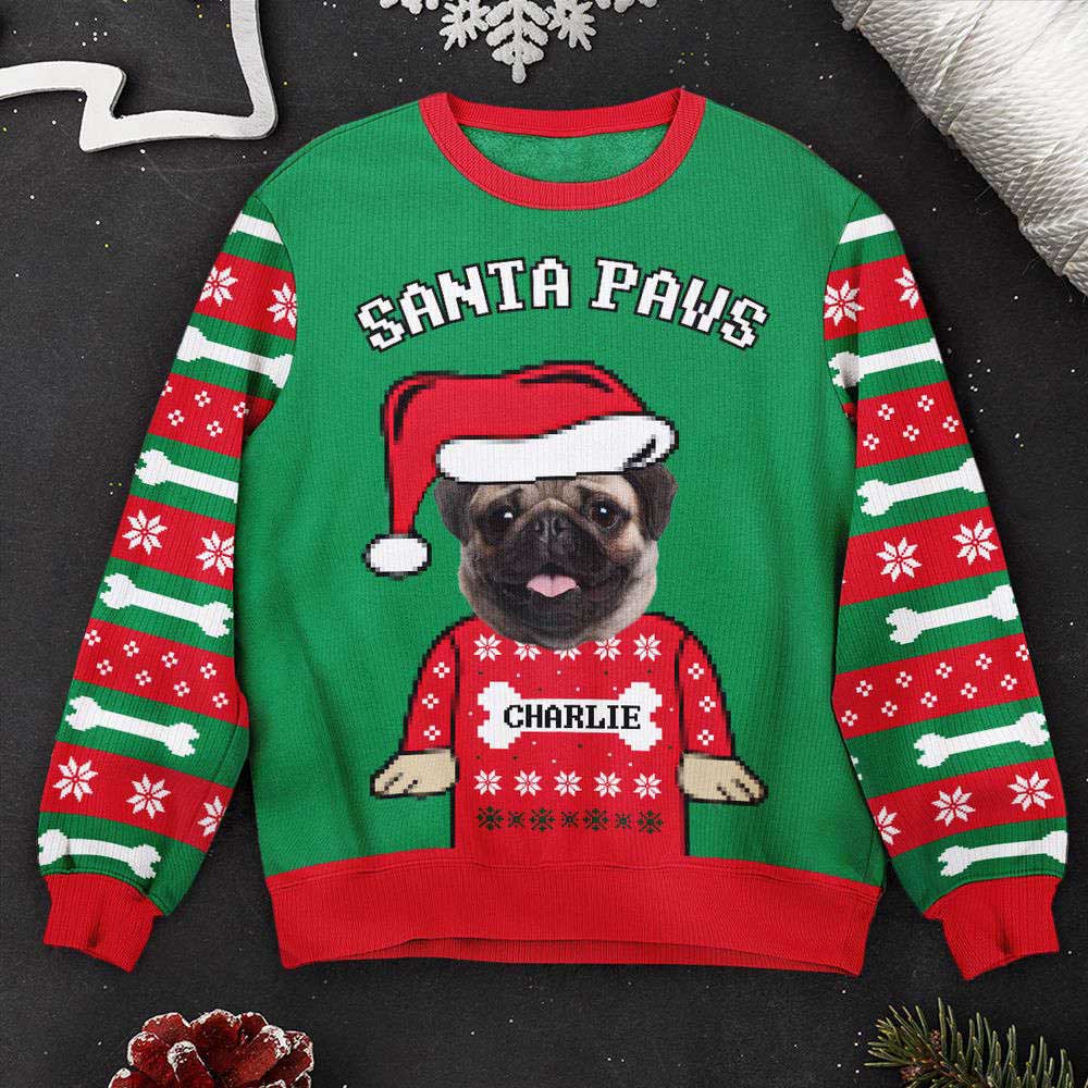 Ugly Christmas Sweater, Santa Paws Dog Lovers Custom Face, Personalized Photo Ugly Sweater, Best Ugly Christmas Sweater
