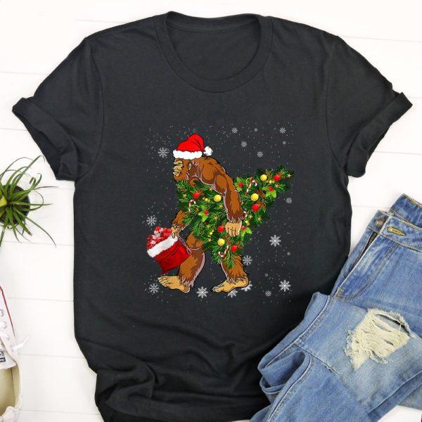 Ugly Christmas T Shirt, Bigfoot Carrying Christmas Tree Sasquatch Believer Pajama T Shirt, Christmas Tshirt Designs