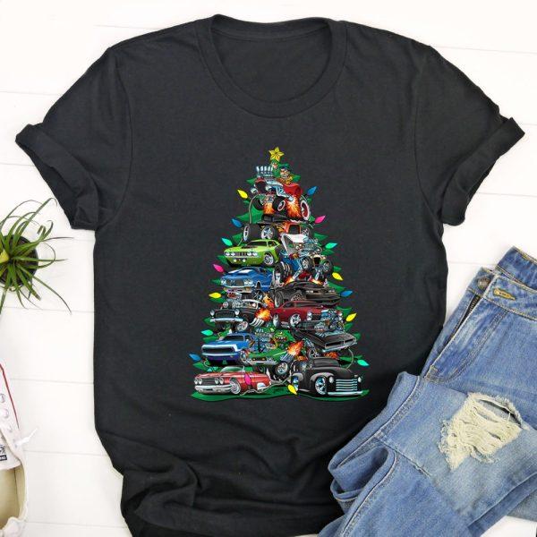 Ugly Christmas T Shirt, Car Madness Christmas Tree! Classic Muscle Cars and Hot Rods T Shirt, Christmas Tshirt Designs