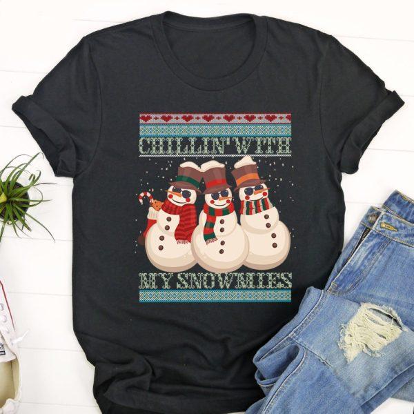 Ugly Christmas T Shirt, Chillin’ With My Snowmies Ugly Christmas Snowman Tshirt, Christmas Tshirt Designs