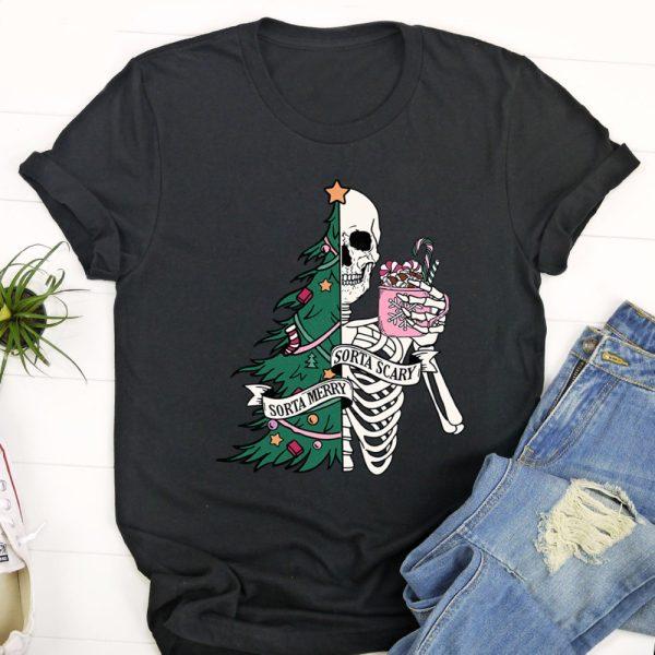 Ugly Christmas T Shirt, Funny Christmas Sorta Merry Sorta Scary SkeletOn Xmas Tree Tshirt, Christmas Tshirt Designs