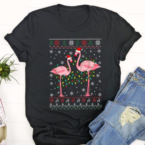 Ugly Christmas T Shirt, Funny Flamingo Lights Tangled Ugly Sweater Christmas Animals T Shirt, Christmas Tshirt Designs