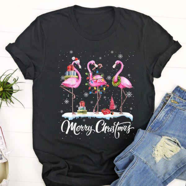 Ugly Christmas T Shirt, Merry Christmas Hat Santa Flamingo Light Snow Xmas Pajamas T Shirt, Christmas Tshirt Designs