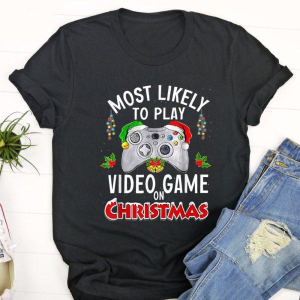 Ugly Christmas T Shirt, Most Likely To Play Video Games On Christmas Xmas Lights T Shirt, Christmas Tshirt Designs