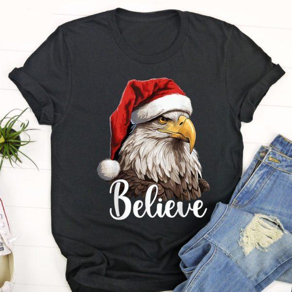 Ugly Christmas T Shirt, Patriotic Bald Eagle Christmas Santa Hat Believe T Shirt, Christmas Tshirt Designs