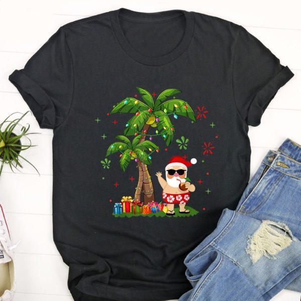 Ugly Christmas T Shirt, Santa Hawaiian Christmas Palm Tree Lights Xmas T Shirt, Christmas Tshirt Designs