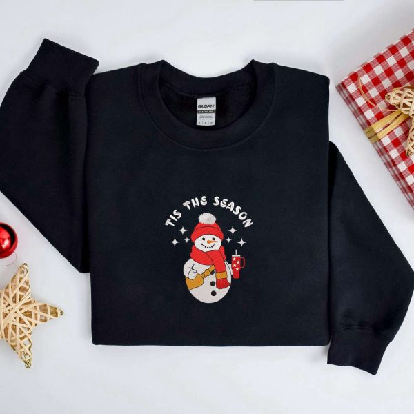 Valentines Sweatshirt, Embroidery Cute Snowman Sweatshirt, Christmas Embroidery Sweatshirt, Womens Valentines Sweatshirt