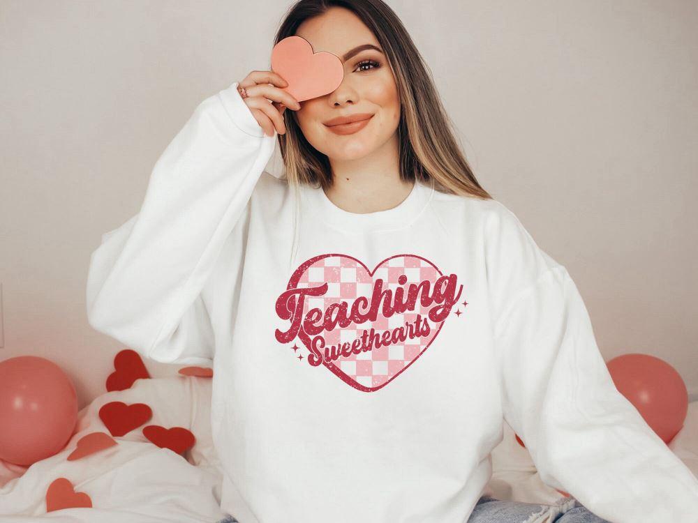 Valentines Sweatshirt, Retro Teaching Sweethearts, Sweatshirt Gift For Teachers, Groovy Teacher Shirt, Womens Valentines Sweatshirt