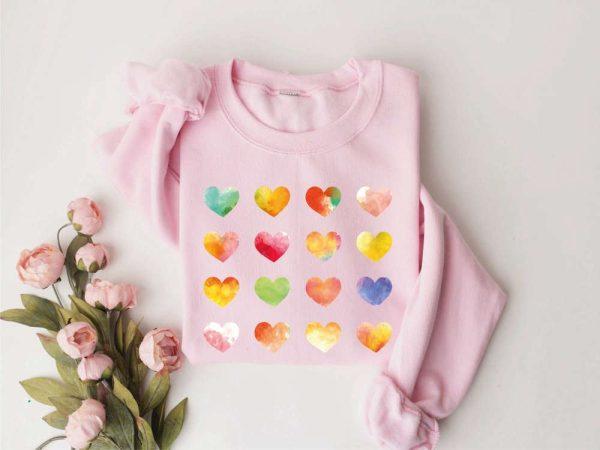 Valentines Sweatshirt, Watercolor Hearts Valentine Sweatshirt, Valentine Graphic Tee, Womens Valentines Sweatshirt