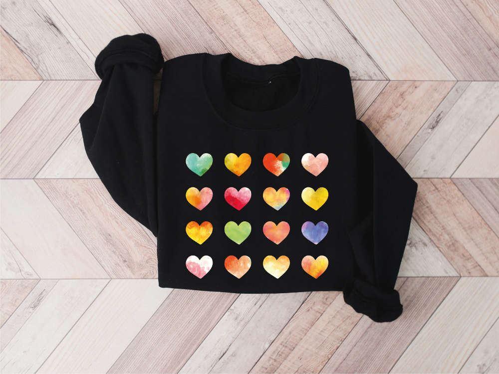 Valentines Sweatshirt, Watercolor Hearts Valentine Sweatshirt, Valentine Graphic Tee, Womens Valentines Sweatshirt