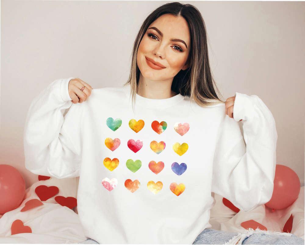 Valentines Sweatshirt, Watercolor Hearts Valentine Sweatshirt, Valentine Graphic Tee, Womens Valentines Sweatshirt
